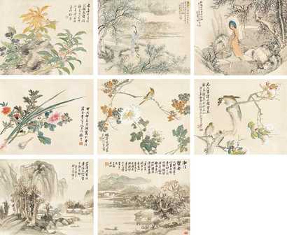 张熊 胡公寿 王礼 费以耕 花虫 山水 鸟美人（八帧） 立轴